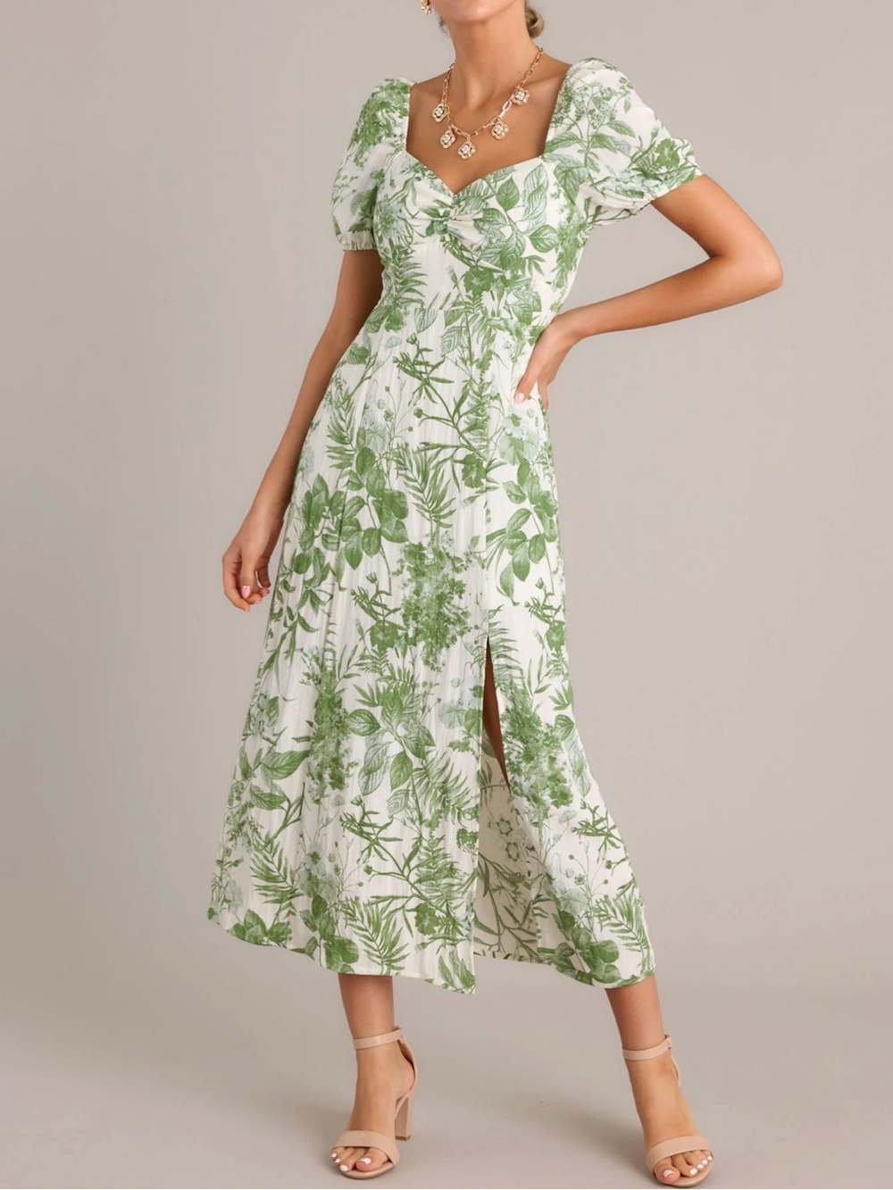 NWT Sweet Wanderer Green Botanical Print Puff-Sleeve Boho Midi Dress  Sz-L